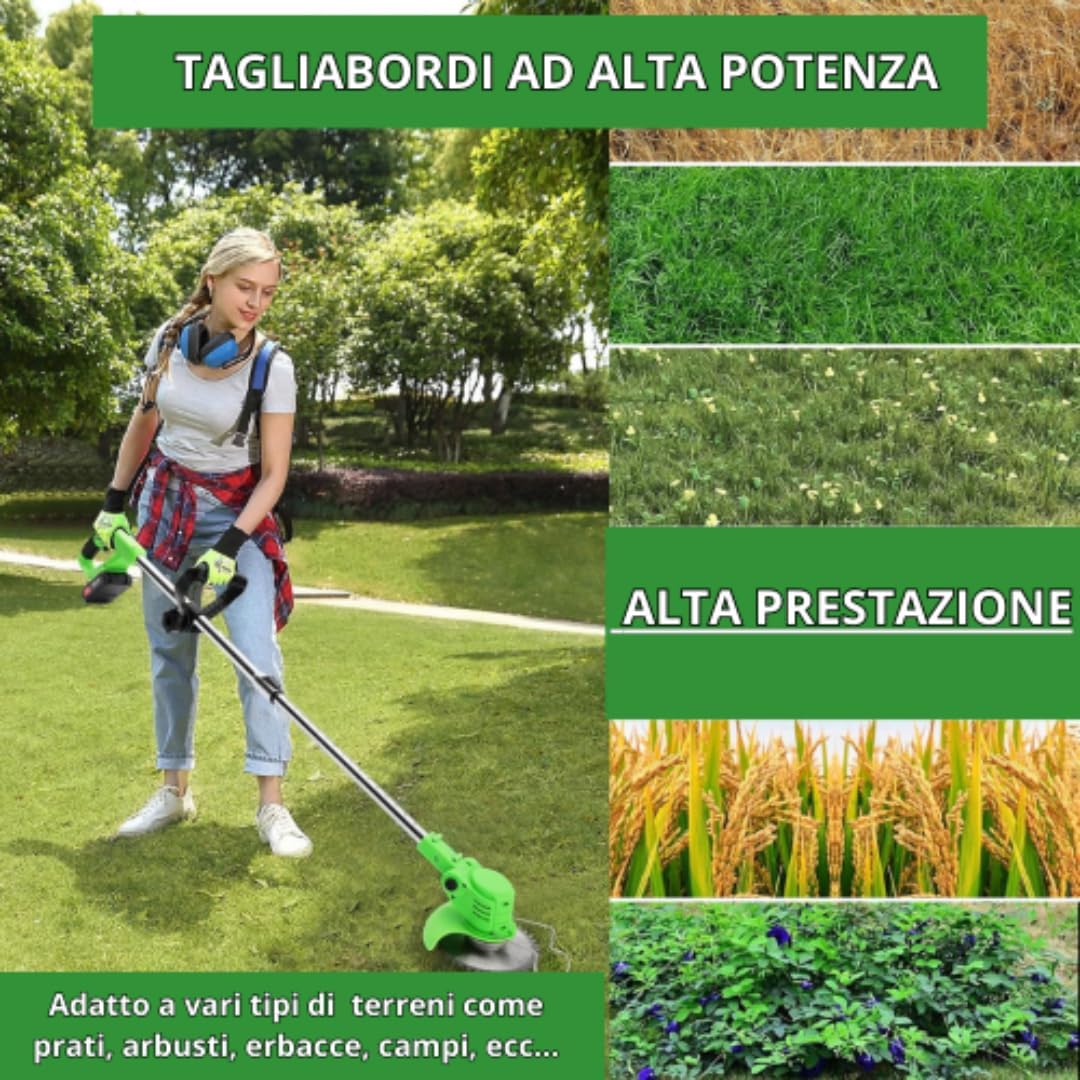 Decespugliatore a Batteria, Tagliabordi Elettrico 24V con 2 Batterie e Lame Metalliche, Tagliaerba senza Fili con Testata Regolabile e Maniglia Telescopica, Tosaerba per Prato e Giardino