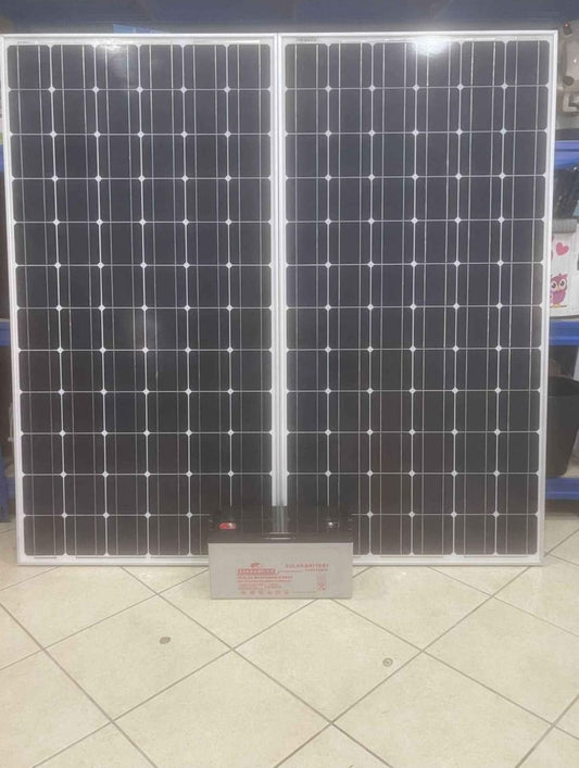 kit completo fotovoltaico 2 pannelli da 250w+ batteria accumulo 120ah