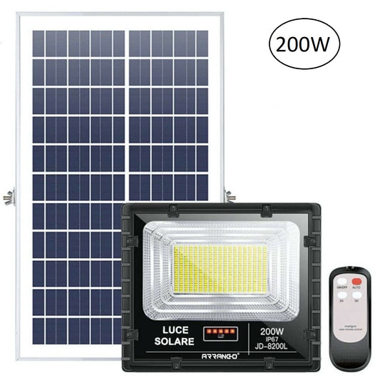 FARO 200W A RICARICA SOLARE LED 6500K IP67 CON PANELLO IMPERMEABILE