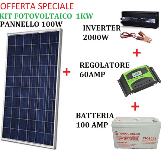 KIT FOTOVOLTAICO 1KW GIORNALIERO INVERTER 2000W PANNELLO ENERGIA SOLARE BATTERIA