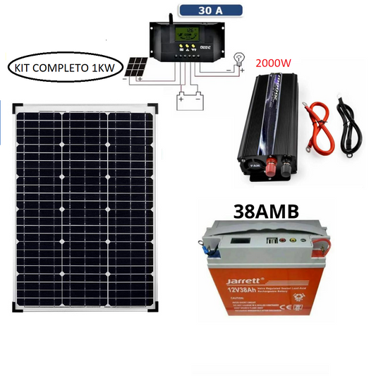 KIT FOTOVOLTAICO 1 KW PWM INVERTER 2000W PANNELLO SOLARE 50W BATTERIA 38AMP