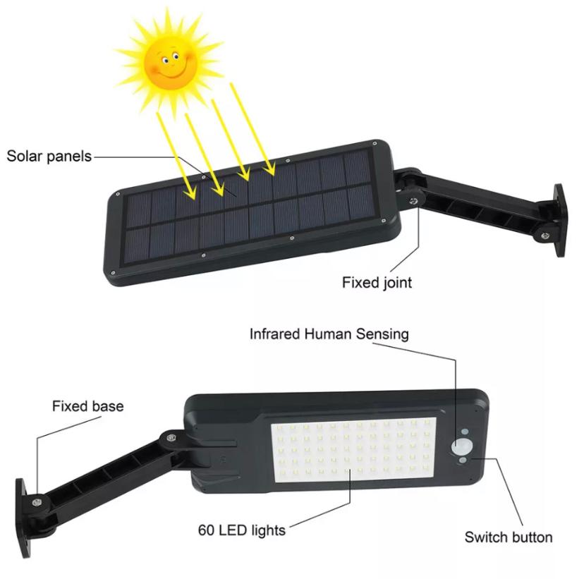 FARO LAMPADA 60 LED PANNELLO SOLARE IMPERMEABILE ESTERNO SENSORE DI MOVIMENTO