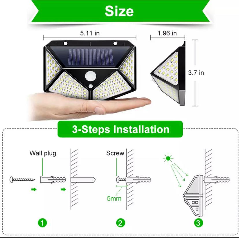 FARETTO 100LED CON RICARICA SOLARE SENSORE DI MOVIMETO IMPERMEABILE