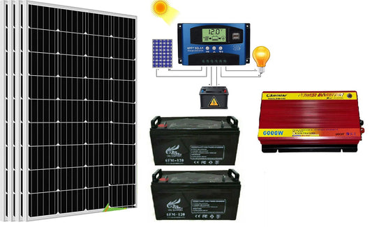 Kit Fotovoltaico 2KW 4 Pannelli 150W 2 Batterie 120AH a Gel con Inverter 6000W