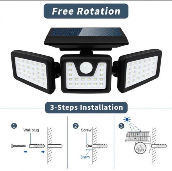 FARO CON PANELLO SOLARE DA PARETE 140 LED SENSORE DI MOVIMENTO IMPERMEABILE