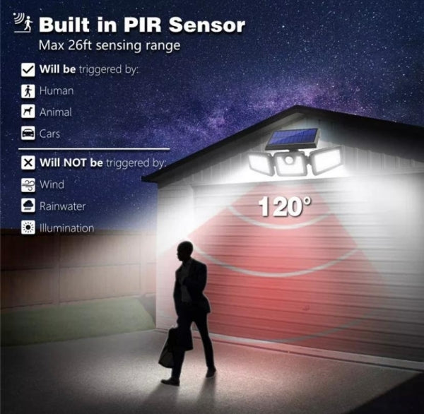 FARO CON PANELLO SOLARE DA PARETE 140 LED SENSORE DI MOVIMENTO IMPERMEABILE